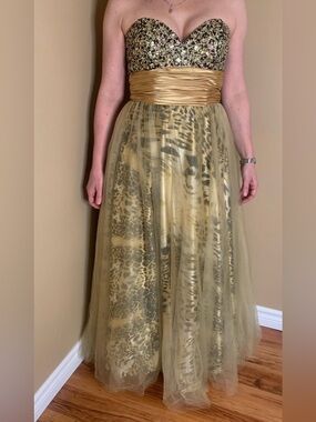 Gold Sequin Strapless Prom Dress | Leopard Tulle Gown Corset Back Size M (8/10)